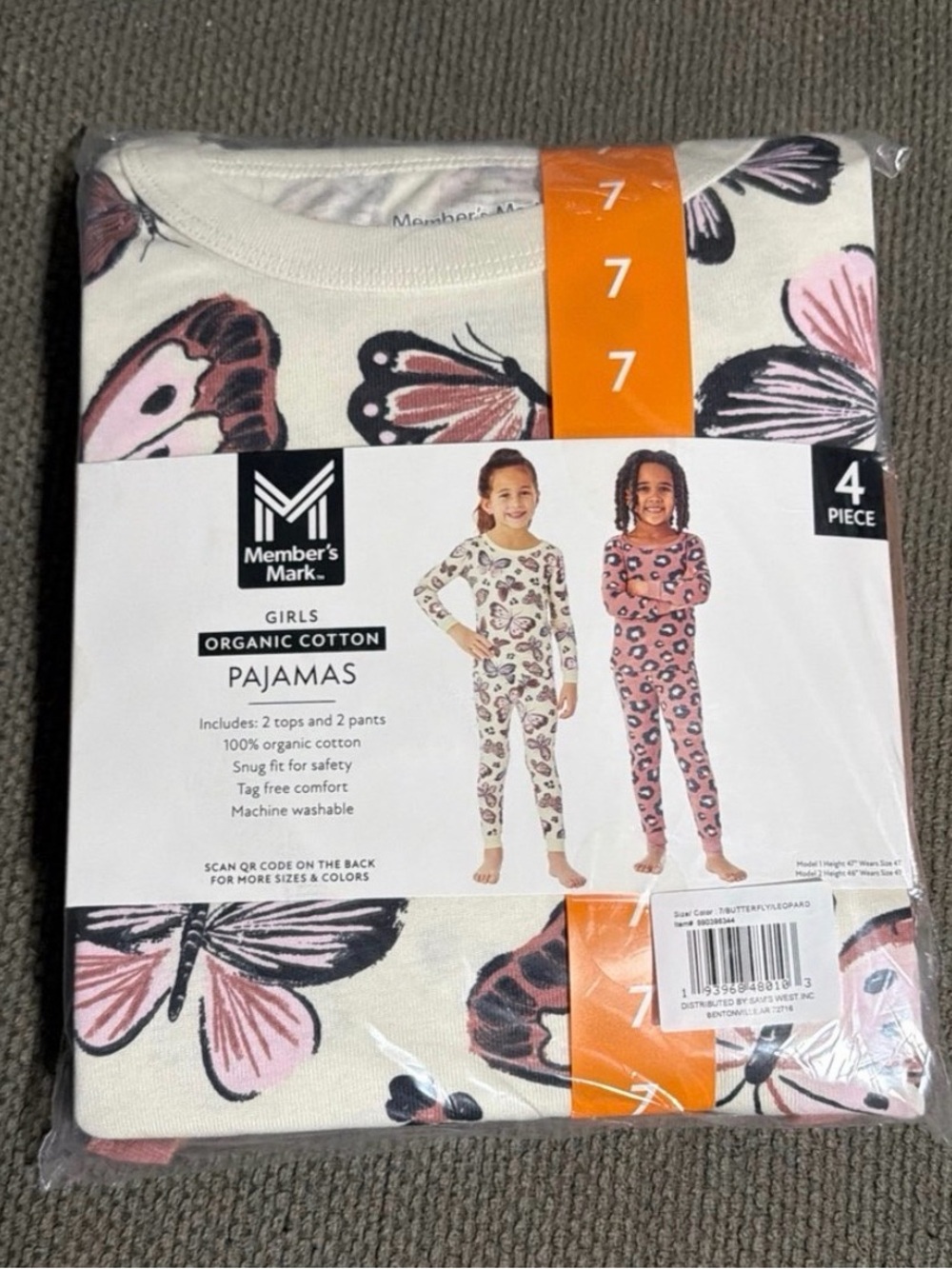 Member's Mark Girls' White and Pink Butterfly Organic Cotton Pajama Set